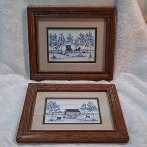 Vintage Pair M Frey Amish Country Art Lithographs Signed Numbered Carriage Buggy